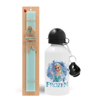 Frozen Elsa, Easter Set, metallic aluminum water bottle (500ml) & scented flat candle (30cm) (TURQUOISE)