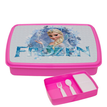 Frozen Elsa, ΡΟΖ παιδικό δοχείο φαγητού (lunchbox) πλαστικό με παιδικά μαχαιροπίρουρα & 2 εσωτερικά δοχεία (BPA-FREE) Lunch Βox M23 x Π18 x Υ4cm