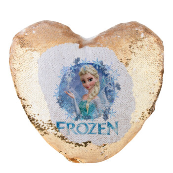 Frozen Elsa, Μαξιλάρι καναπέ καρδιά Μαγικό Χρυσό με πούλιες 40x40cm περιέχεται το  γέμισμα