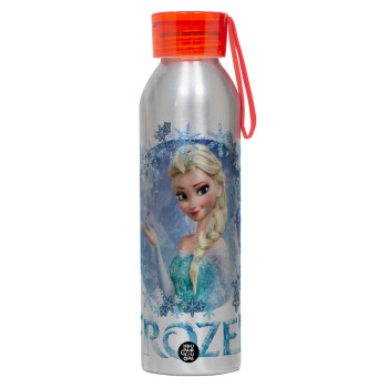 Frozen Elsa, Αλουμινένιο Αθλητικό Μπουκάλι 650ml – Ασημί με Κόκκινο Καπάκι και Λουράκι Σιλικόνης
