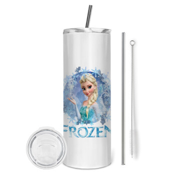 Frozen Elsa, Eco friendly ποτήρι θερμό (tumbler) από ανοξείδωτο ατσάλι 600ml, με μεταλλικό καλαμάκι & βούρτσα καθαρισμού