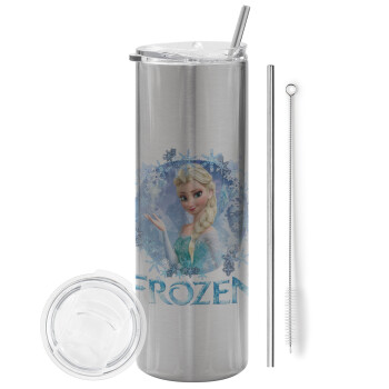 Frozen Elsa, Eco friendly ποτήρι θερμό Ασημένιο (tumbler) από ανοξείδωτο ατσάλι 600ml, με μεταλλικό καλαμάκι & βούρτσα καθαρισμού