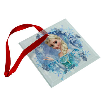 Frozen Elsa, Χριστουγεννιάτικο στολίδι γυάλινο τετράγωνο 9x9cm