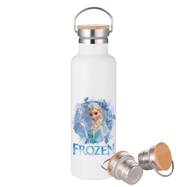 Frozen Elsa — Μεταλλικό παγούρι θερμός (Stainless steel) Λευκό με ξύλινο καπάκι (bamboo), διπλού τοιχώματος, 750ml