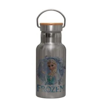 Frozen Elsa, Μεταλλικό παγούρι θερμός (Stainless steel) Ασημένιο με ξύλινο καπακι (bamboo), διπλού τοιχώματος, 350ml