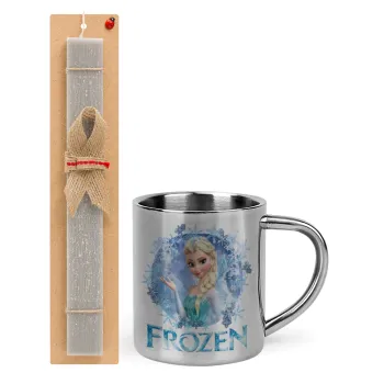 Frozen Elsa, Πασχαλινή Λαμπάδα με μεταλλική κούπα θερμό (300ml) & κερί αρωματικό πλακέ (30cm) (ΓΚΡΙ)