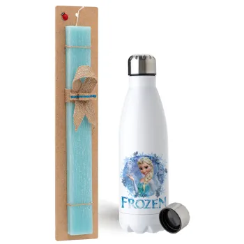 Frozen Elsa, Easter Set, metallic stainless steel water bottle (750ml) & aromatic flat Easter candle (30cm) (TURQUOISE)