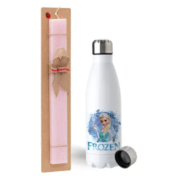 Frozen Elsa, Easter Set, metallic stainless steel water bottle (750ml) & scented flat Easter candle (30cm) (PINK)