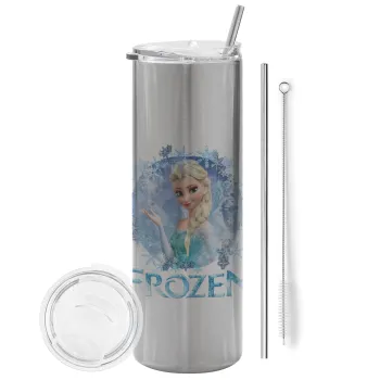 Frozen Elsa, Tumbler ποτήρι θερμό Ασημένιο από ανοξείδωτο ατσάλι 600ml, με μεταλλικό καλαμάκι & βούρτσα καθαρισμού