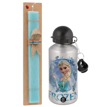 Frozen Elsa, Πασχαλινή Λαμπάδα με παγούρι μεταλλικό Ασημένιο αλουμινίου (500ml) & κερί αρωματικό πλακέ (30cm) (ΤΙΡΚΟΥΑΖ)