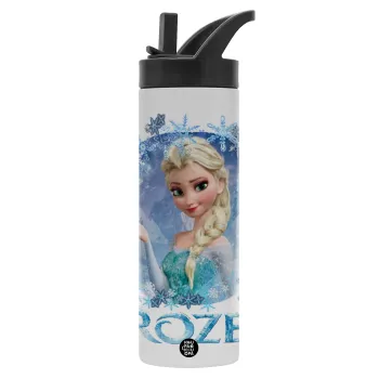 Frozen Elsa, Metallic thermos bottle with straw & handle, stainless steel (Stainless steel 304), double-walled, 600ml.