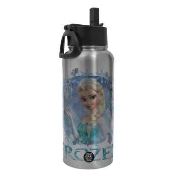 Frozen Elsa, Μεταλλικό παγούρι θερμός Silver με καλαμάκι και χερούλι (Stainless steel), διπλού τοιχώματος, 950ml