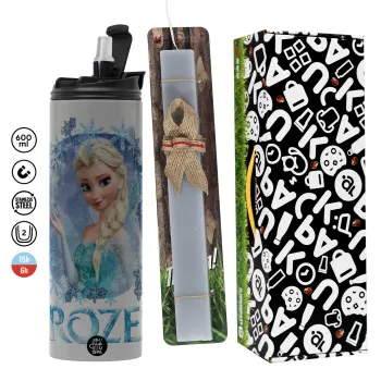 Frozen Elsa, Πασχαλινή Λαμπάδα με Travel Tumbler θερμό (600ml, BPA free) & κερί αρωματικό πλακέ (30cm) (ΓΚΡΙ)