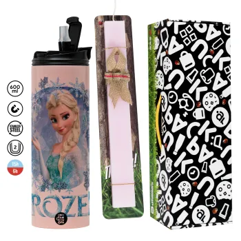 Frozen Elsa, Πασχαλινή Λαμπάδα με  ΡΟΖ Travel Tumbler θερμό (600ml, BPA free) & κερί αρωματικό πλακέ (30cm) (ΡΟΖ)