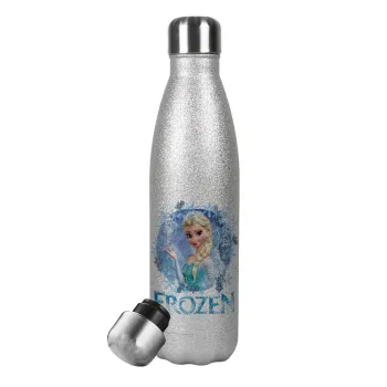 Frozen Elsa, Μεταλλικό παγούρι θερμός Glitter Aσημένιο (Stainless steel), διπλού τοιχώματος, 500ml