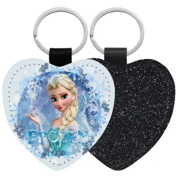 Frozen Elsa, Μπρελόκ PU δερμάτινο glitter καρδιά ΜΑΥΡΟ