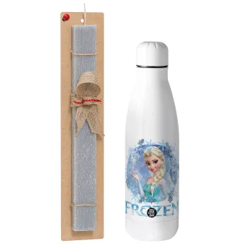 Frozen Elsa, Easter Set, metallic stainless thermos bottle (500ml) & scented flat Easter candle (30cm) (GRAY)
