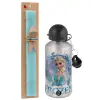 Easter Set, metallic silver aluminum water bottle (500ml) & scented flat Easter candle (30cm) (TURQUOISE)