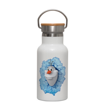 Frozen Olaf, Μεταλλικό παγούρι θερμός (Stainless steel) Λευκό με ξύλινο καπακι (bamboo), διπλού τοιχώματος, 350ml