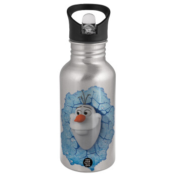 Frozen Olaf, Water bottle Silver with straw, stainless steel 500ml