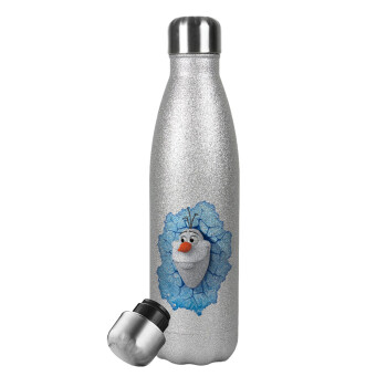 Frozen Olaf, Μεταλλικό παγούρι θερμός Glitter Aσημένιο (Stainless steel), διπλού τοιχώματος, 500ml