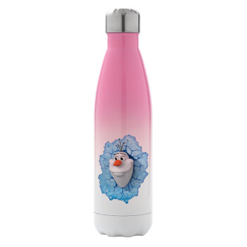 Frozen Olaf, Metal mug thermos Pink/White (Stainless steel), double wall, 500ml