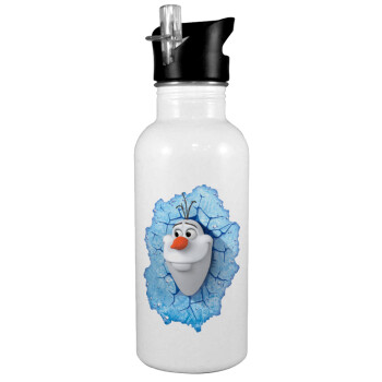 Frozen Olaf, White water bottle with straw, stainless steel 600ml