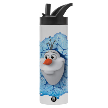 Frozen Olaf, Μεταλλικό παγούρι θερμός με καλαμάκι & χειρολαβή, ανοξείδωτο ατσάλι (Stainless steel 304), διπλού τοιχώματος, 600ml