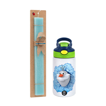 Frozen Olaf, Easter Set, Children's thermal stainless steel bottle with safety straw, green/blue (350ml) & aromatic flat Easter candle (30cm) (TURQUOISE)