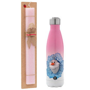 Frozen Olaf, Easter Set, Metallic pink/white (Stainless steel) thermos, double-walled, 500ml & aromatic flat Easter candle (30cm) (PINK)