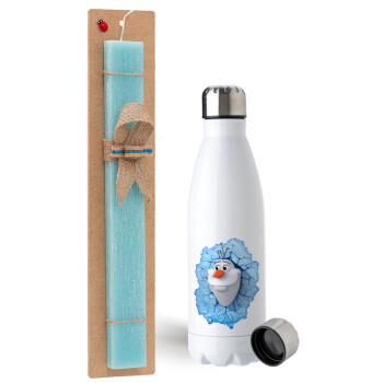 Frozen Olaf, Easter Set, metallic stainless steel water bottle (750ml) & aromatic flat Easter candle (30cm) (TURQUOISE)