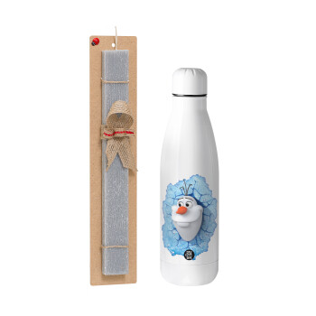 Frozen Olaf, Easter Set, metallic stainless thermos bottle (500ml) & scented flat Easter candle (30cm) (GRAY)