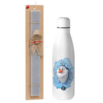 Frozen Olaf, Πασχαλινό Σετ, μεταλλικό παγούρι Inox (700ml) & πασχαλινή λαμπάδα αρωματική πλακέ (30cm) (ΓΚΡΙ)