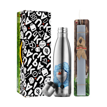 Frozen Olaf, Easter Set, metallic stainless thermos flask (500ml) & scented flat Easter candle (30cm) (GRAY)