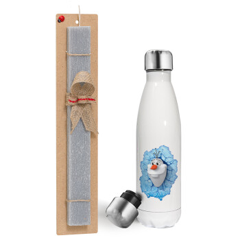 Frozen Olaf, Πασχαλινή λαμπάδα, μεταλλικό παγούρι θερμός λευκός (500ml) & λαμπάδα αρωματική πλακέ (30cm) (ΓΚΡΙ)