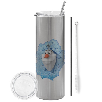Frozen Olaf, Eco friendly ποτήρι θερμό Ασημένιο (tumbler) από ανοξείδωτο ατσάλι 600ml, με μεταλλικό καλαμάκι & βούρτσα καθαρισμού