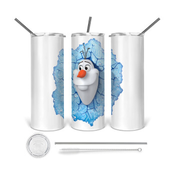 Frozen Olaf, Tumbler ποτήρι θερμό από ανοξείδωτο ατσάλι 600ml, με μεταλλικό καλαμάκι & βούρτσα καθαρισμού