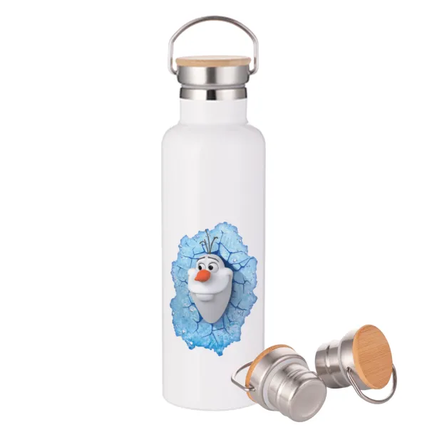 Frozen Olaf — Μεταλλικό παγούρι θερμός (Stainless steel) Λευκό με ξύλινο καπάκι (bamboo), διπλού τοιχώματος, 750ml