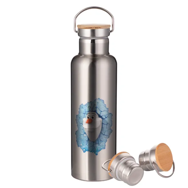 Frozen Olaf — Stainless steel Silver with wooden lid (bamboo), double wall, 750ml