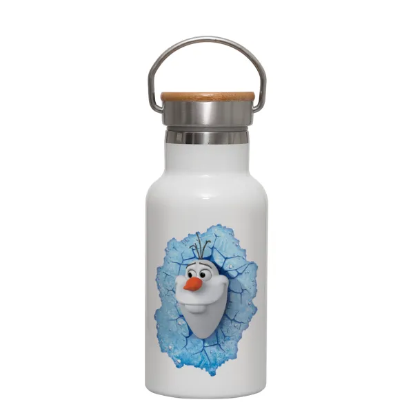 Frozen Olaf — Metallic thermos (Stainless steel) White with wooden lid (bamboo), double-walled, 350ml