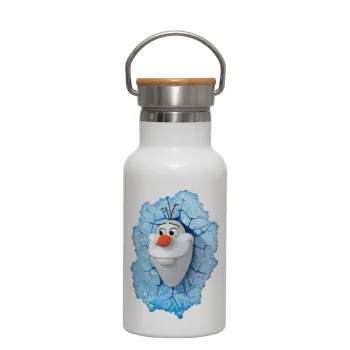Frozen Olaf, Metallic thermos (Stainless steel) White with wooden lid (bamboo), double-walled, 350ml
