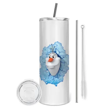 Frozen Olaf, Tumbler ποτήρι θερμό από ανοξείδωτο ατσάλι 600ml, με μεταλλικό καλαμάκι & βούρτσα καθαρισμού