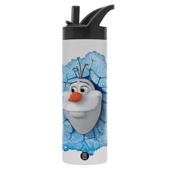 Frozen Olaf, Metallic thermos bottle with straw & handle, stainless steel (Stainless steel 304), double-walled, 600ml.