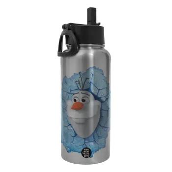 Frozen Olaf, Μεταλλικό παγούρι θερμός Silver με καλαμάκι και χερούλι (Stainless steel), διπλού τοιχώματος, 950ml