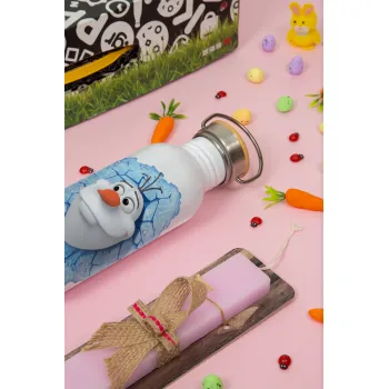 Frozen Olaf, Πασχαλινή Λαμπάδα με παγούρι μεταλλικό (620ml, stainless steel) & κερί αρωματικό πλακέ (30cm) (ΡΟΖ)