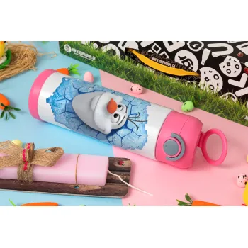 Frozen Olaf, Πασχαλινή Λαμπάδα με Παιδικό παγούρι θερμό, ανοξείδωτο, με καλαμάκι ασφαλείας, ΡΟΖ (500ml)