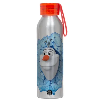 Frozen Olaf, Αλουμινένιο Αθλητικό Μπουκάλι 650ml – Ασημί με Κόκκινο Καπάκι και Λουράκι Σιλικόνης