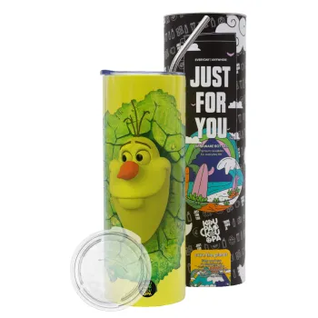 Frozen Olaf, Neon Yellow Travel Tumbler θερμό, μεταλλικό καλαμάκι(Ανωξείδωτο 304 Food grade, BPA free, 600ml)