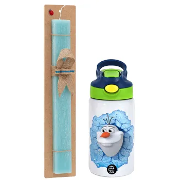 Frozen Olaf, Easter Set, Children's thermal stainless steel bottle with safety straw, green/blue (350ml) & aromatic flat Easter candle (30cm) (TURQUOISE)