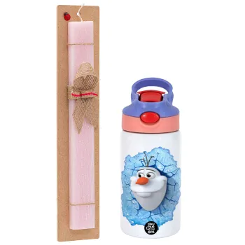 Frozen Olaf, Easter Set, Children's thermal stainless steel water bottle with safety straw, pink/purple (350ml) & Easter scented flat candle (30cm) (PINK)